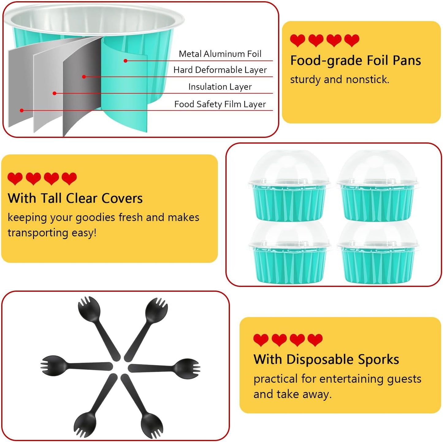 Disposable Ramekins with Lids 50 Pack,Free-Air 5oz Aluminum Foil Cupcake Cups Baking Tin,Mini Muffin Tins Cupcake Containers Holders for Home And Business -Cyan Blue