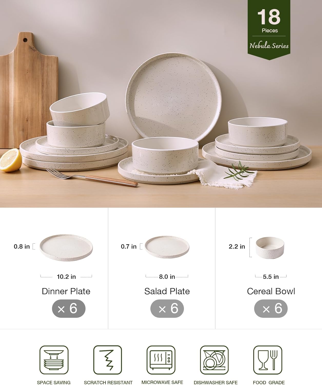 Famiware Nebula Plates and Bowls Sets, 18 Pieces Dinnerware Sets, Dishes Set for 6, Creamy White with Colorful Speckles