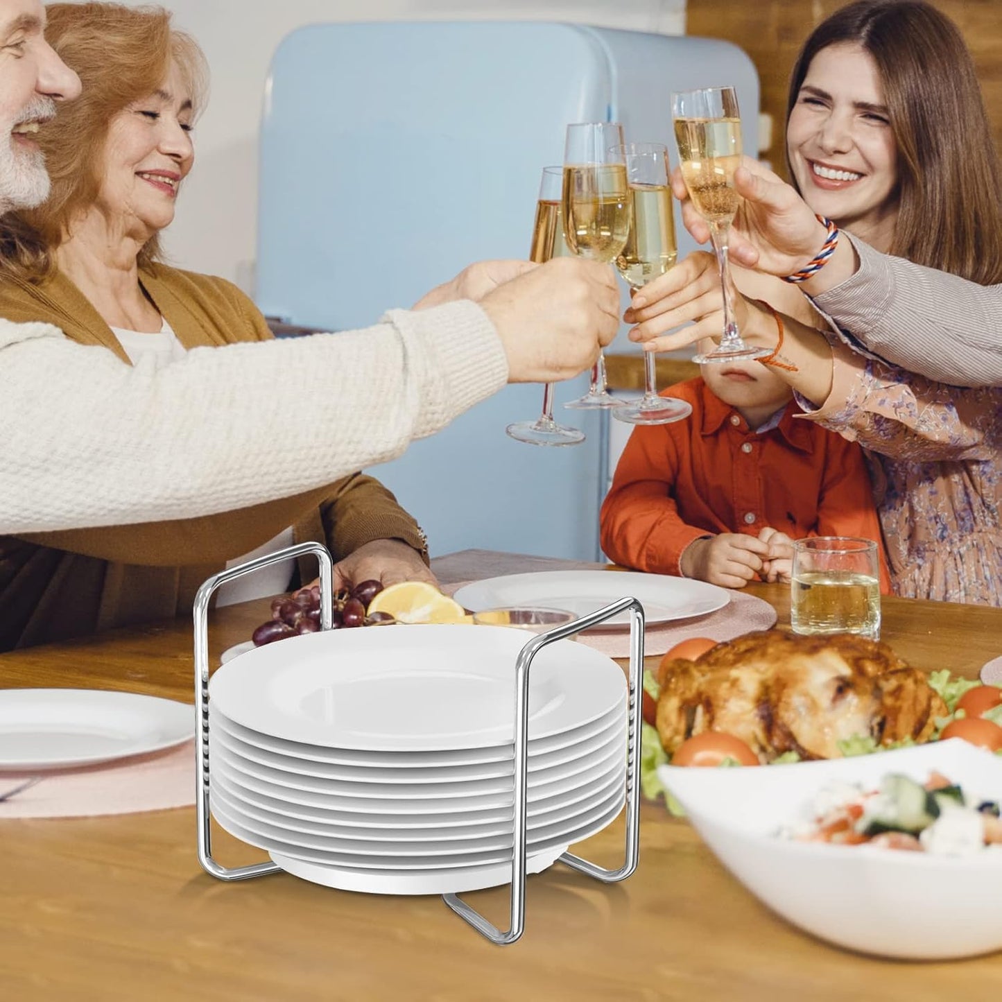 Wisuce Dish Racks for Kitchen Countertop Organizer - Bamboo Plate Holder Adjustable Size | Stainless Steel 304 Portable Handle for Kitchen Drawer Countertop Cupboard Shelf