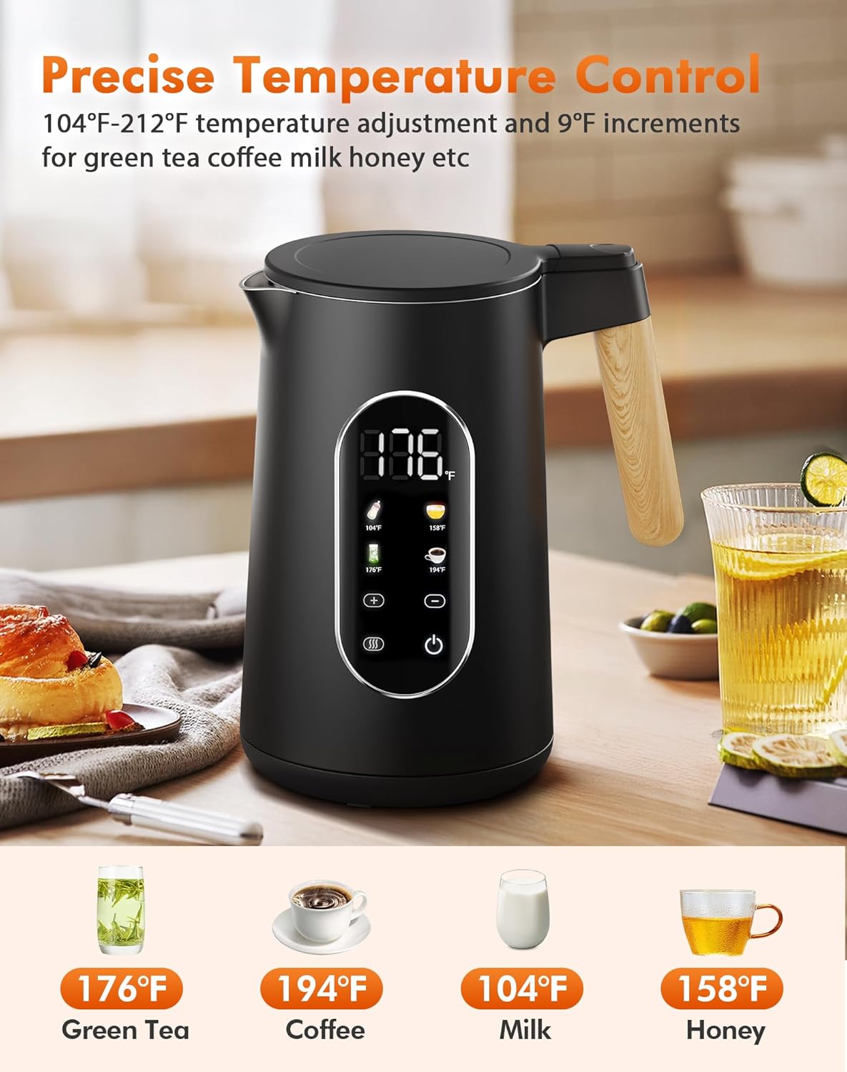 Electric Kettle with Precise Temperature Control, 1500W Fast Boil, 304 Stainless Steel 1.7L/1.8Qt BPA-Free | 4 Presets for Baby Milk, Coffee, Tea | 2H Keep Warm, Cool Touch Exterior