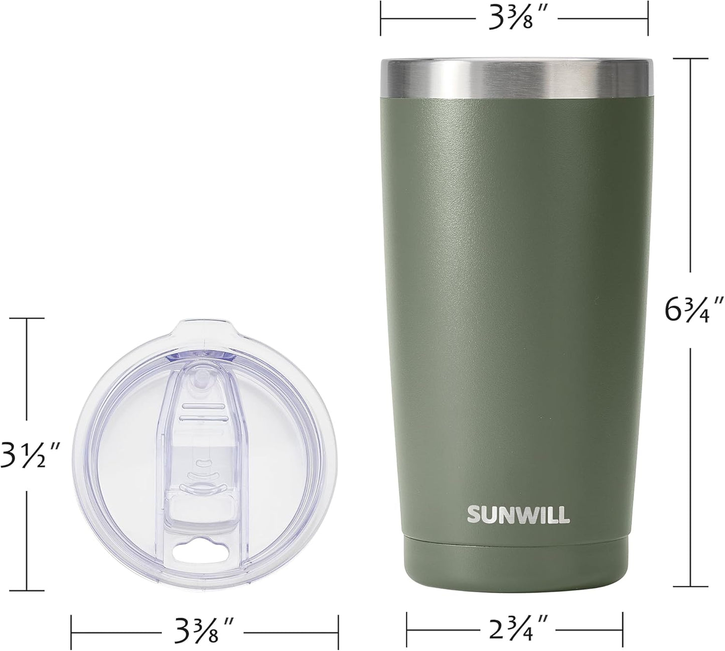 SUNWILL Travel Coffee Tumbler 20 oz, Insulated Mug with Lid, Stainless Steel Iced Cup for Outdoor, Powder Coated Camp Green