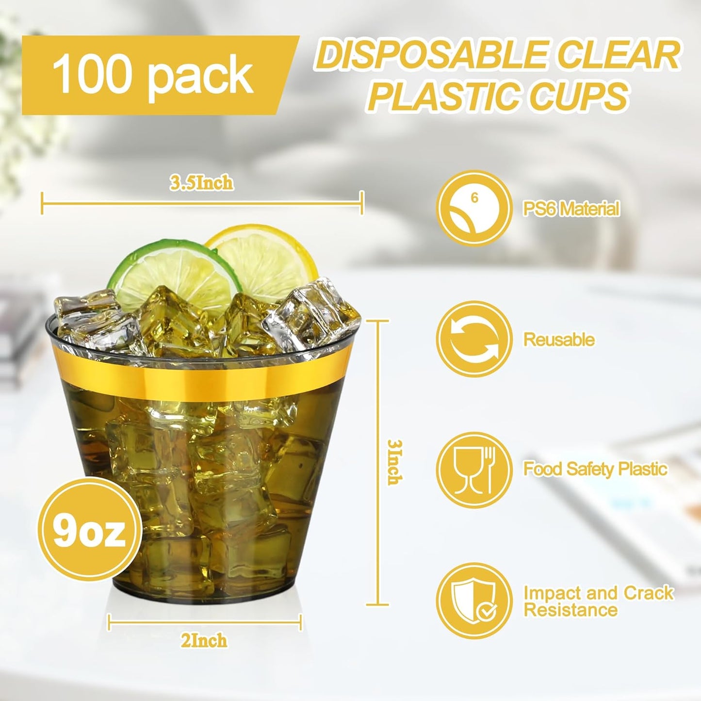 100 Pcs Gold Black Plastic Cups,9Oz Clear Disposable Cups with Gold Rim,Heavy Duty Clear Disposable Plasitc Cocktail Glasses Tumblers Wine Cup for Party,Wedding,Birthday,Christmas
