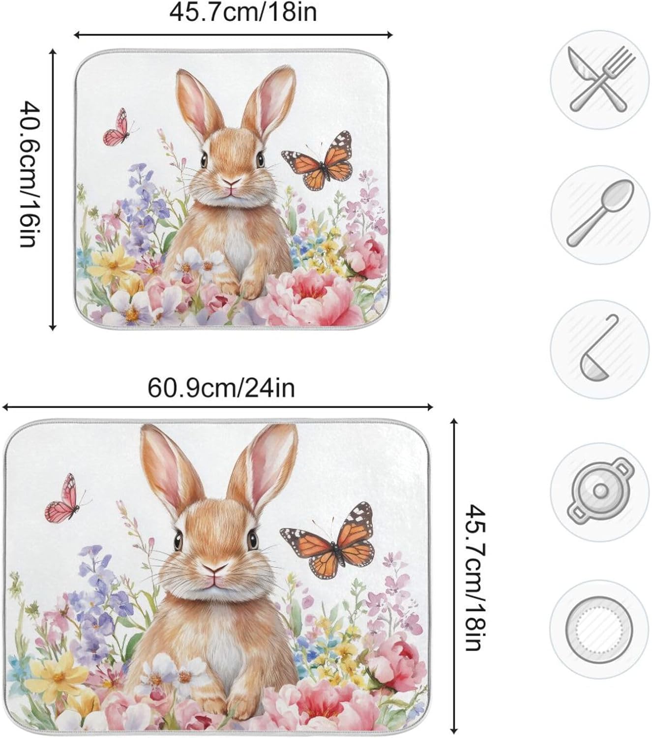 Cute Bunny and Blooming Flowers Dish Drying Mat Super Absorbent Drying Mat 16x18 inch Large Dish Drying Mats for Kitchen Counter Dish Drying Pads Kitchen Drying Matt for Countertop
