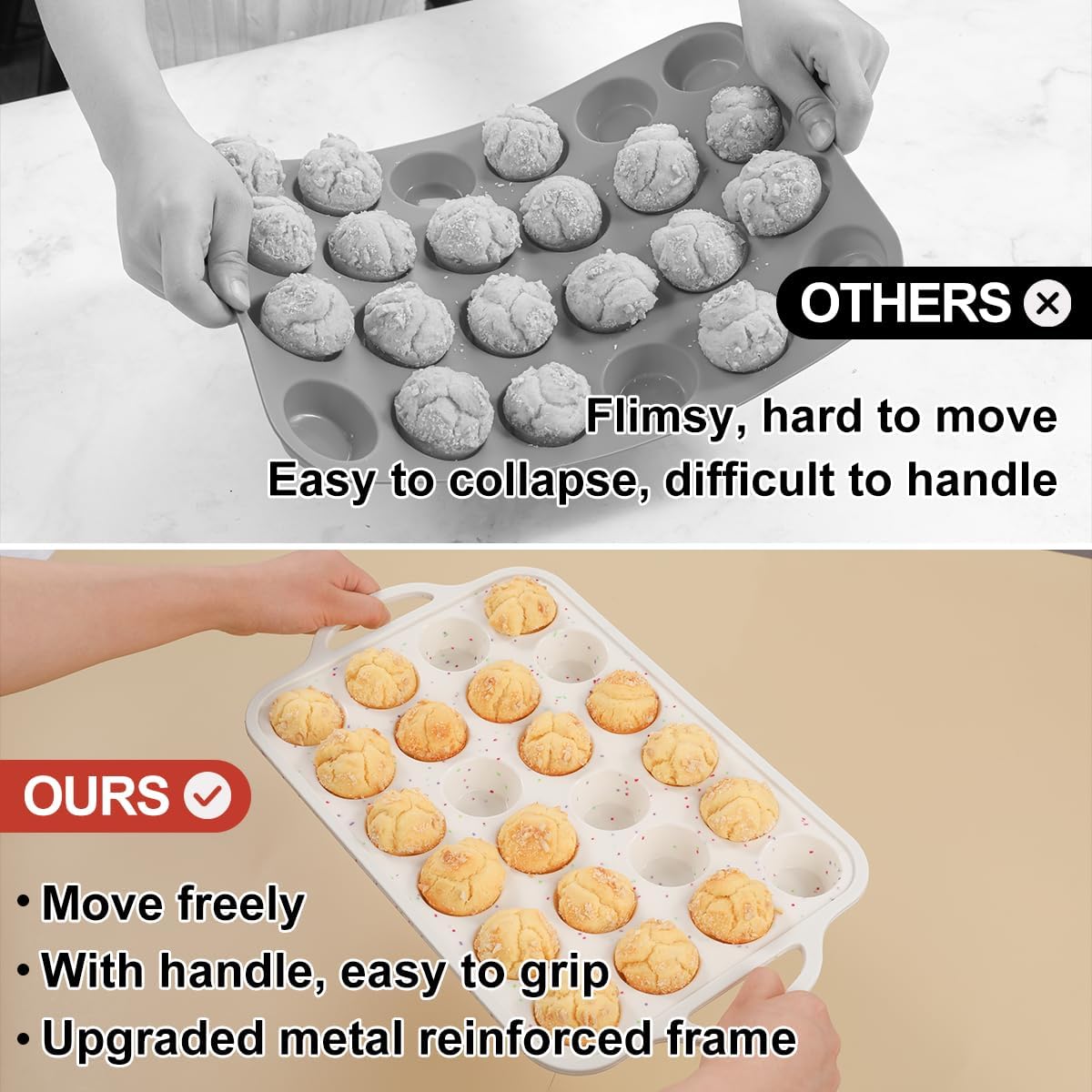 CAKETIME Mini Muffin Pan, Metal Reinforced Frame Mini Cupcake Pans 24 Cups Nonstick Muffin Silicone Molds with Handle for Baking Muffins, Cupcakes, Egg Bites 2 Pack