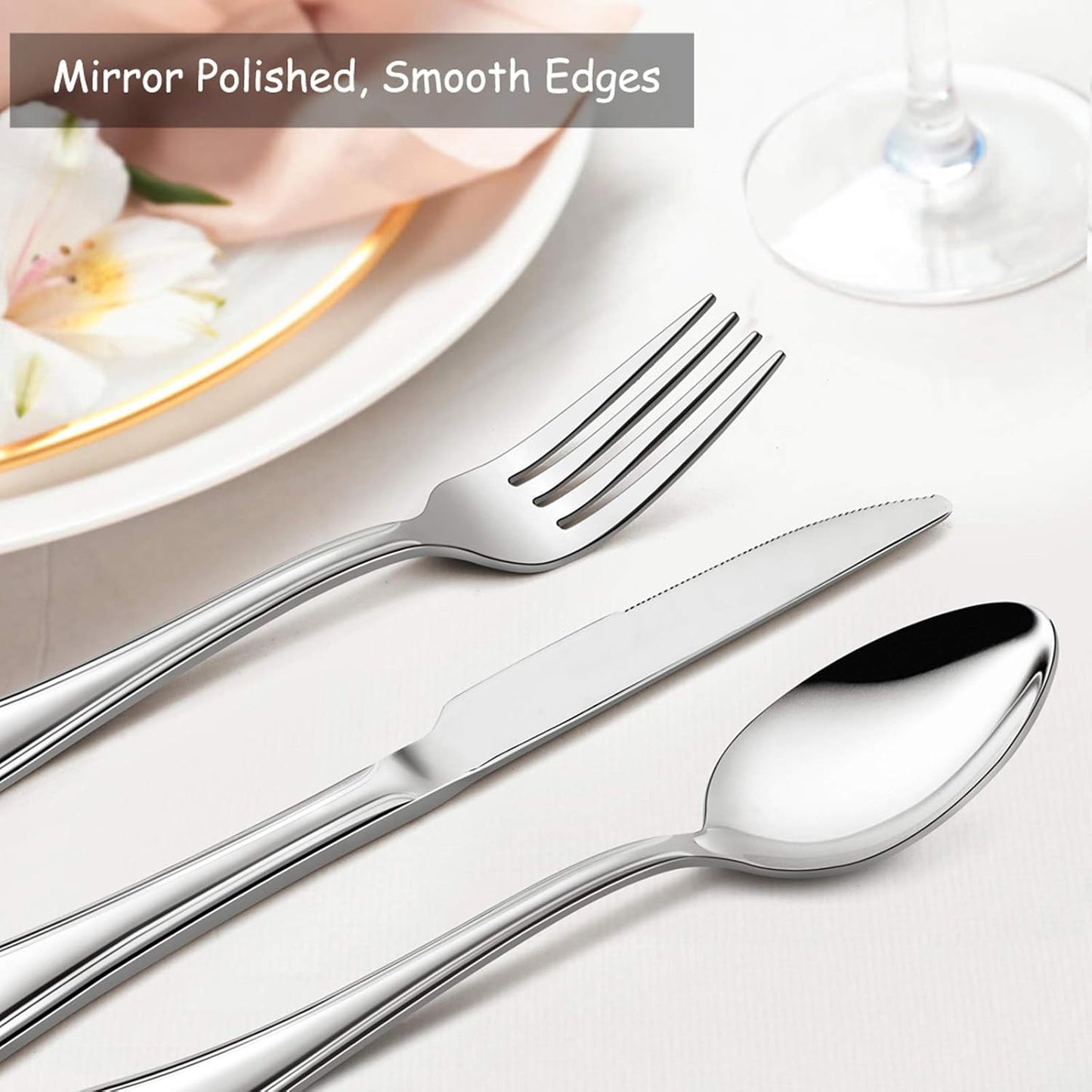 20-Piece Silverware Set, E-far Stainless Steel Flatware Cutlery Set Service for 4, Metal Tableware Eating Utensil Set, Dinner Knives/Forks/Spoons, Scalloped Edge & Mirror Polished - Dishwasher Safe