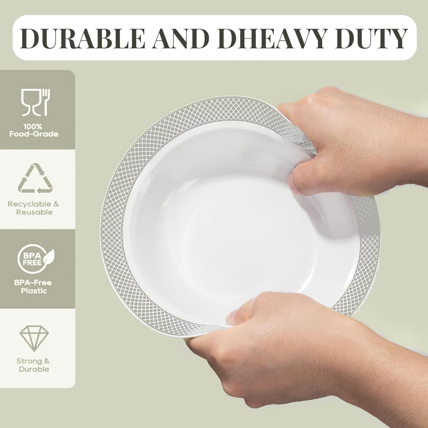 I00000 100 Silver Plastic Bowls,12 OZ White Disposable Bowls,Fancy Plastic Salad Bowl,Premium Heavy Duty Disposable Soup Bowl for Parties,Weddings,Dinners, Catering, Picnics