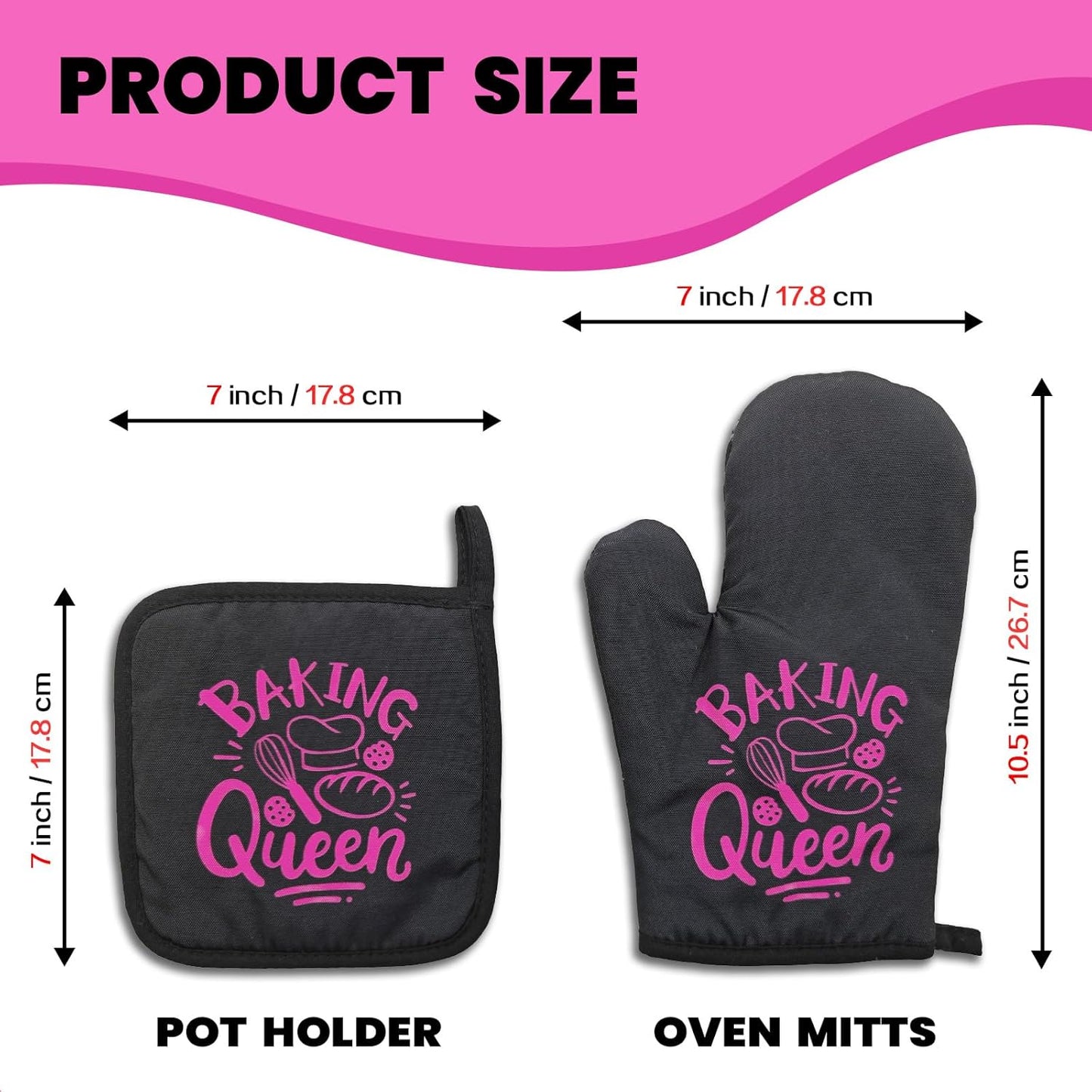 Funny Oven Mitts and Pot Holders（Set of 2） Baking Queen Oven Mitts for Kitchen Decor Silicone Non-Slip Oven Mitts Kitchen Gifts for Women Hostess Great Housewarming Gifts for Family Friend