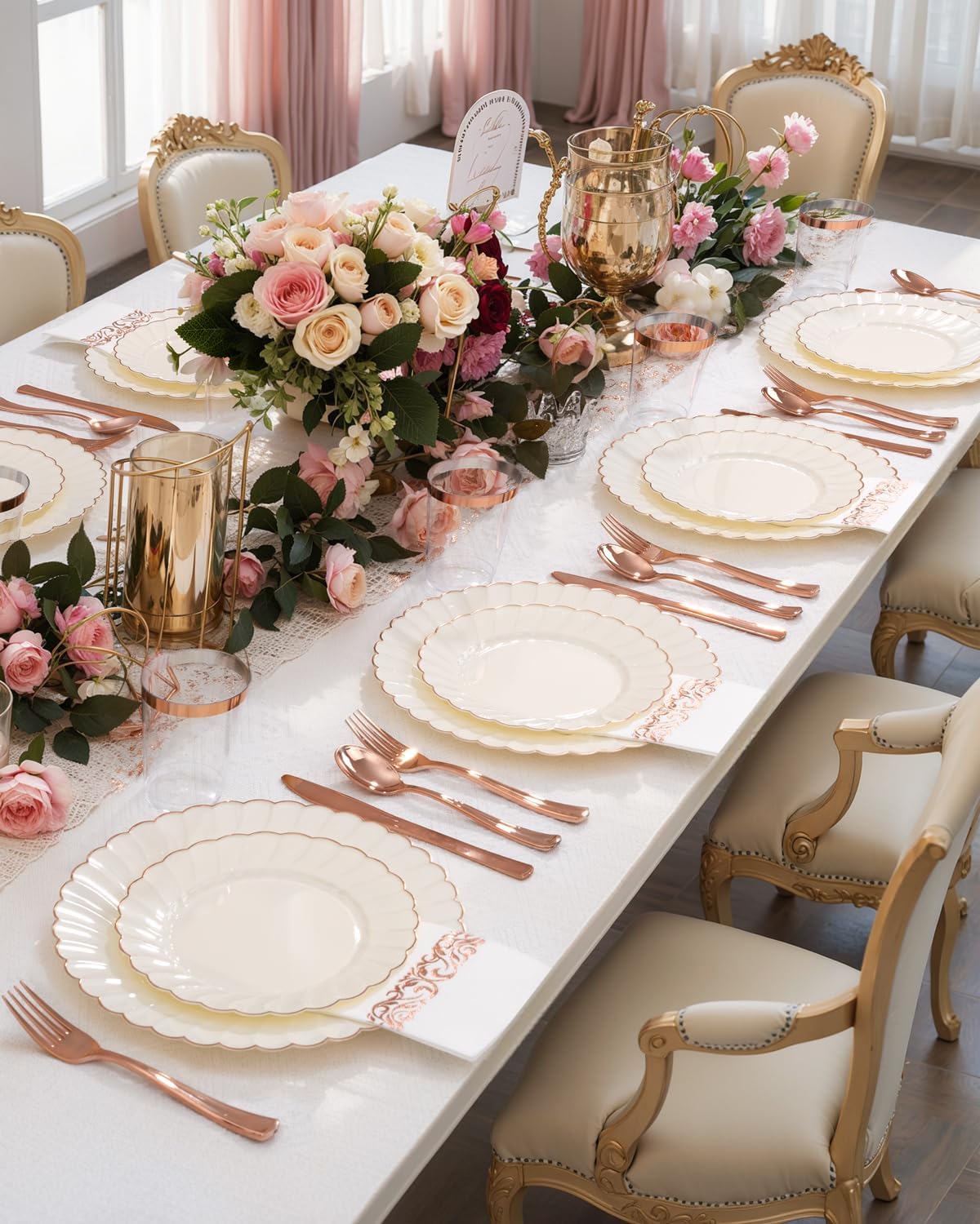 YOUBET 175PCS Ivory Scalloped Plastic Plates - Rose Gold Disposable Dinnerware Set Include 50 Plates, 75 Rose Gold Silverware, 25 Cups, 25 Napkins for Party & Wedding & Baby Shower