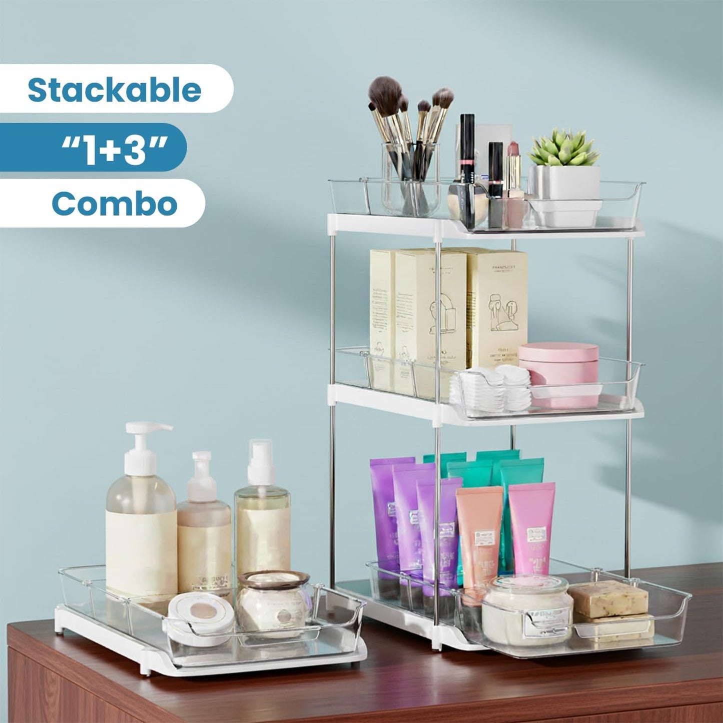 Bathroom Organizers And Storage – With Multipurpose Holder, 2 Sets of 2 Tiers Stackable Under Sink Bathroom Drawer Organizer Multi-Purpose Pantry Organizer And Kitchen Organization With Dividers