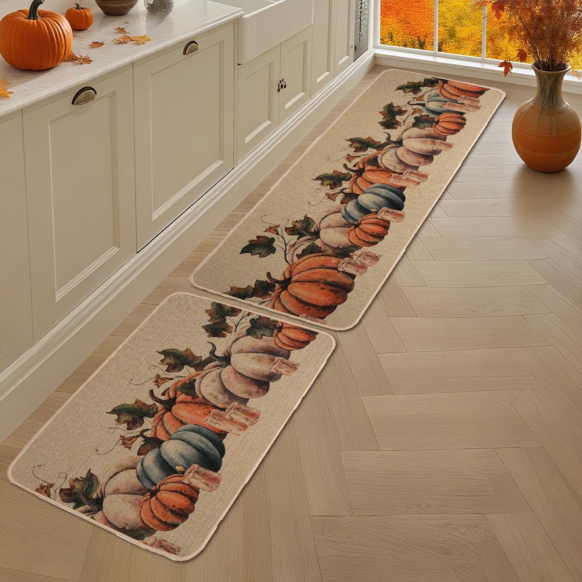 Larponder Fall Pumpkin Kitchen Mats Set of 2, Non-Slip Absorbent Rug and Door Mats, Home Decor Kitchen Floor Rugs for Autumn Harvest Thanksgiving Holiday - 17x24 and 17x48 Inch