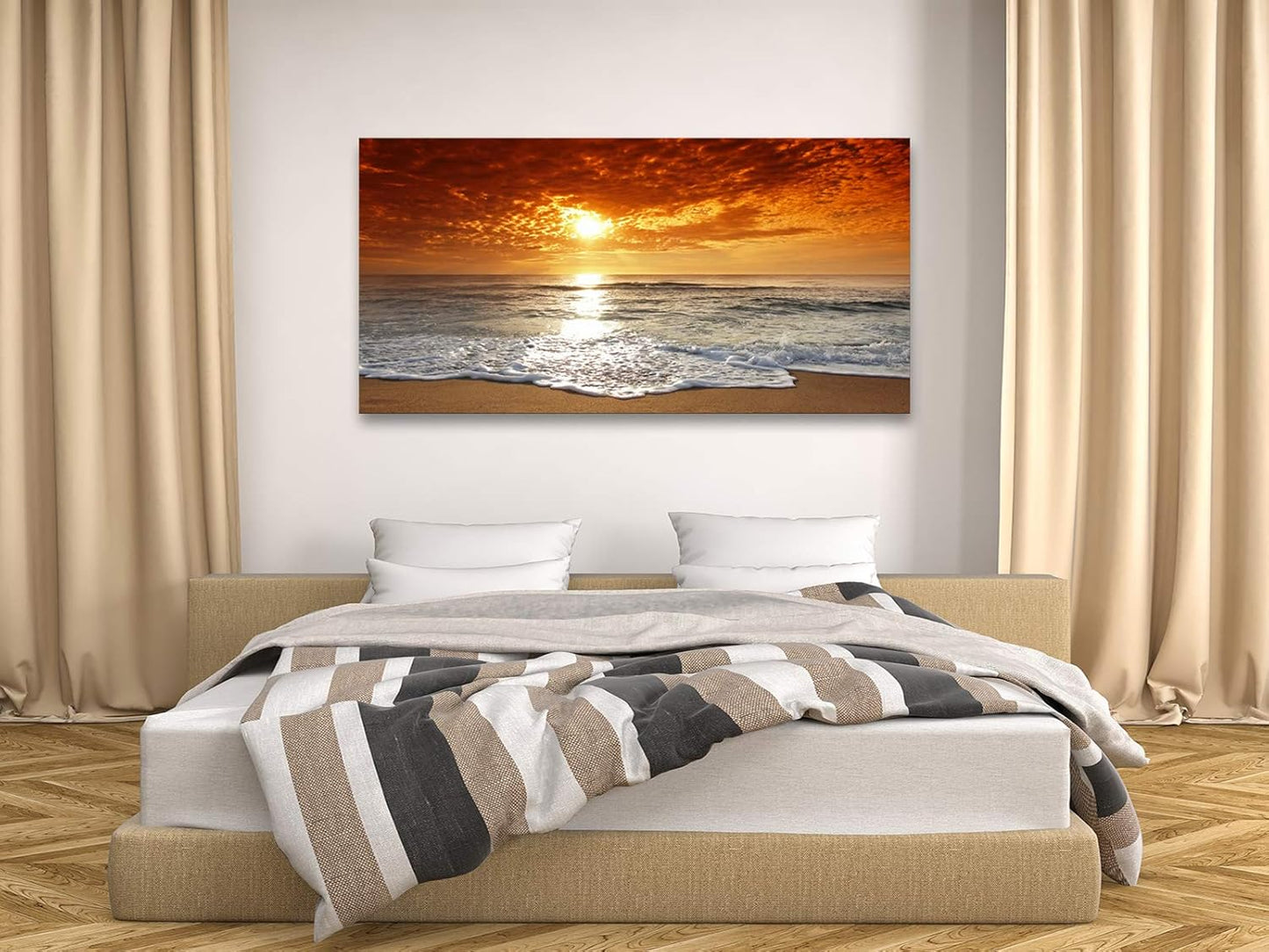 Muolunna S04662 Canvas Prints Wall Art Sunset Ocean Beach Pictures Photo Paintings for Living Room Bedroom Home Decorations Stretched and Framed Ready to Hang Seascape Waves Artwork 24x48inch