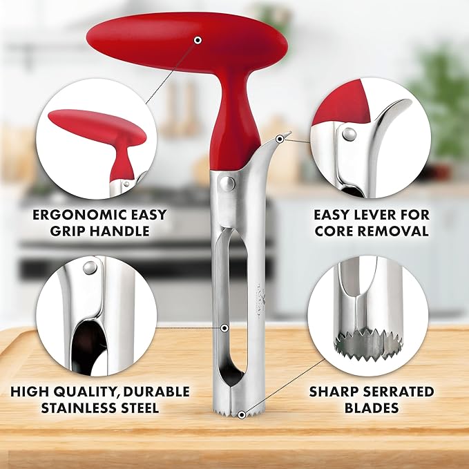 Zulay Kitchen Premium Apple Corer Tool - Ultra Sharp, Stainless Steel, Serrated Blades for Easy Coring - Easy to Use & Clean, Durable Apple Corer Remover for Baking Apples & More - Red