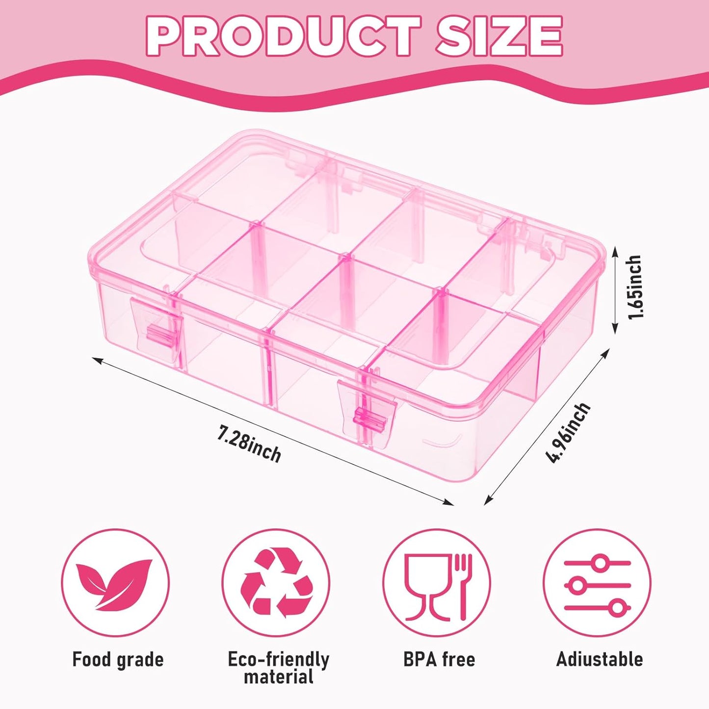 Thyle 1 Pcs Snack Box Container 8 Compartments Snack Containers Reusable Transparent Lunch Box Organizer Small Plastic Food Storage with Lids for Meal Prep School Work Travel (Pink)