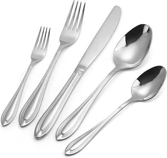Silverware Set for 4, 20-Piece Flatware Set Include Spoons And Forks Set, Stainless Steel Cutlery Set with Line Pattern, Mirror Polished, Dishwasher Safe.