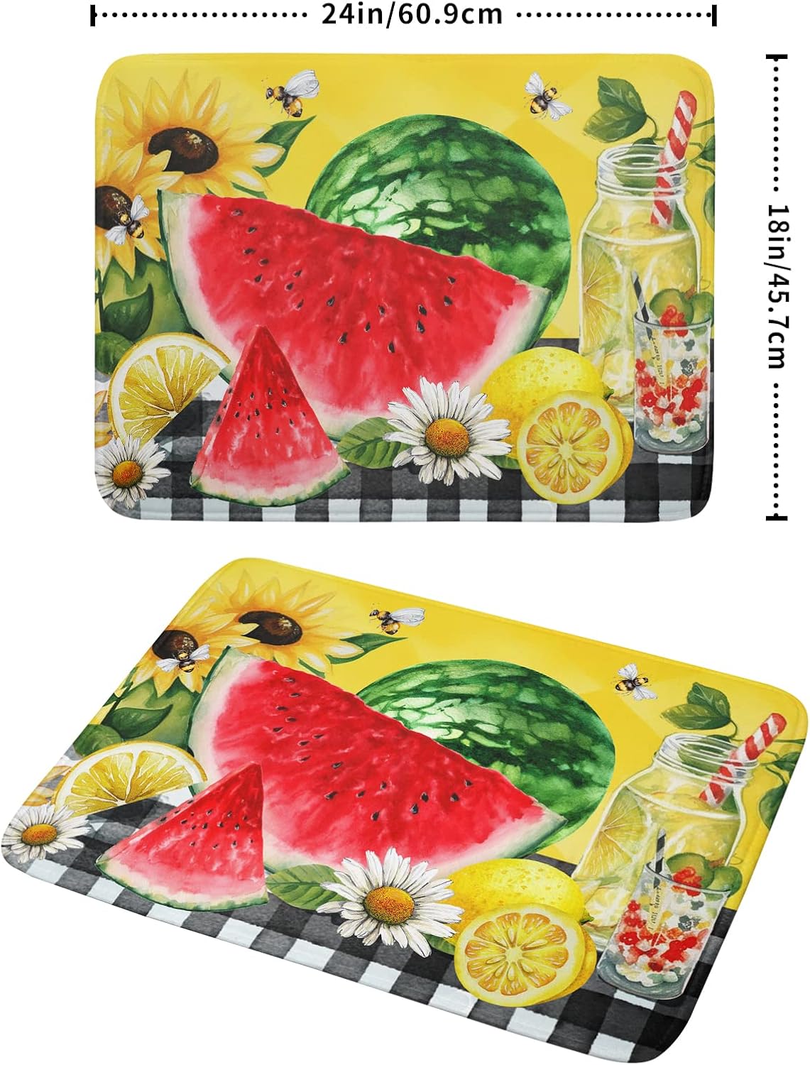 Dish Drying Mat Watermelon Summer Fruit Bee Flower Check Yellow Absorbent Dishes Pad Drainer Rack Mats Heat Resistant Kitchen Counter Protector Plate Bottle Pot Holder 18x24 Inch