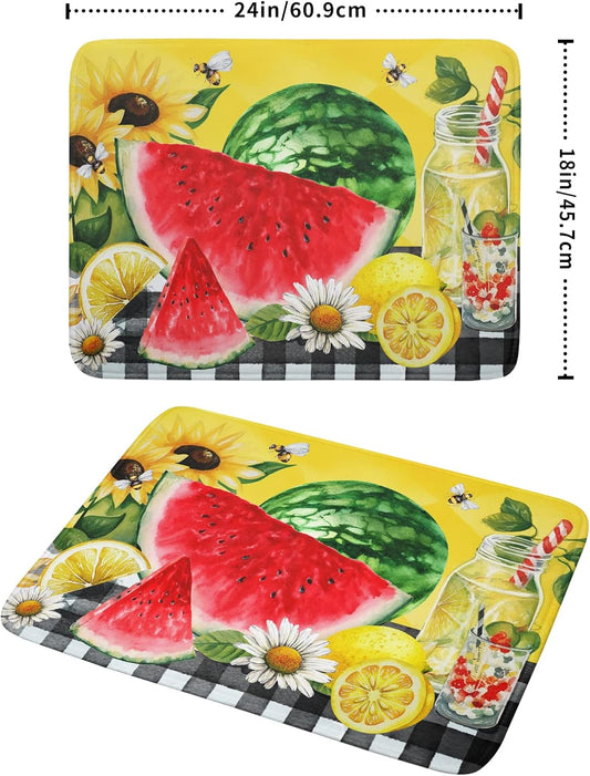 Dish Drying Mat Watermelon Summer Fruit Bee Flower Check Yellow Absorbent Dishes Pad Drainer Rack Mats Heat Resistant Kitchen Counter Protector Plate Bottle Pot Holder 18x24 Inch