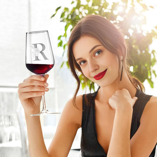 Personalized Wine Glass Gifts for Women, Monogrammed A-Z Wine Glass with Gift Box & Greeting Card, Customized Wine Glasses Initial Wine Glasses Gift for Birthday, Mothers Day, Best Friend, Sister (R)