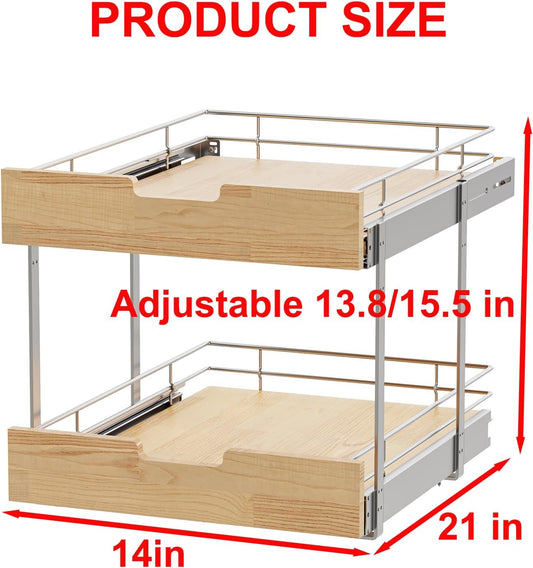Pull Out Cabinet Organizer,Heavy-Duty Slide Out Shelf, Wood and Wire Basket, Pull Out Drawer for for Kitchen Under Sink Space, Pantry, Bathroom, 2 Tie 14 * 21 in