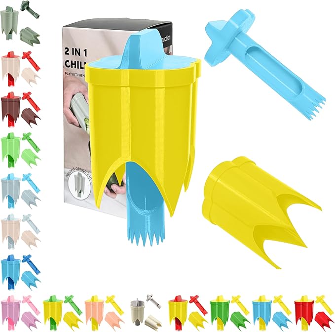 Pepper Corer, 2 in 1 Red Bell Pepper Seed Corer Remover Tool, Fruit & Vegetable Corers Quick Cave Tools for Jalapeno Cutter Deseeder, Blue Yellow