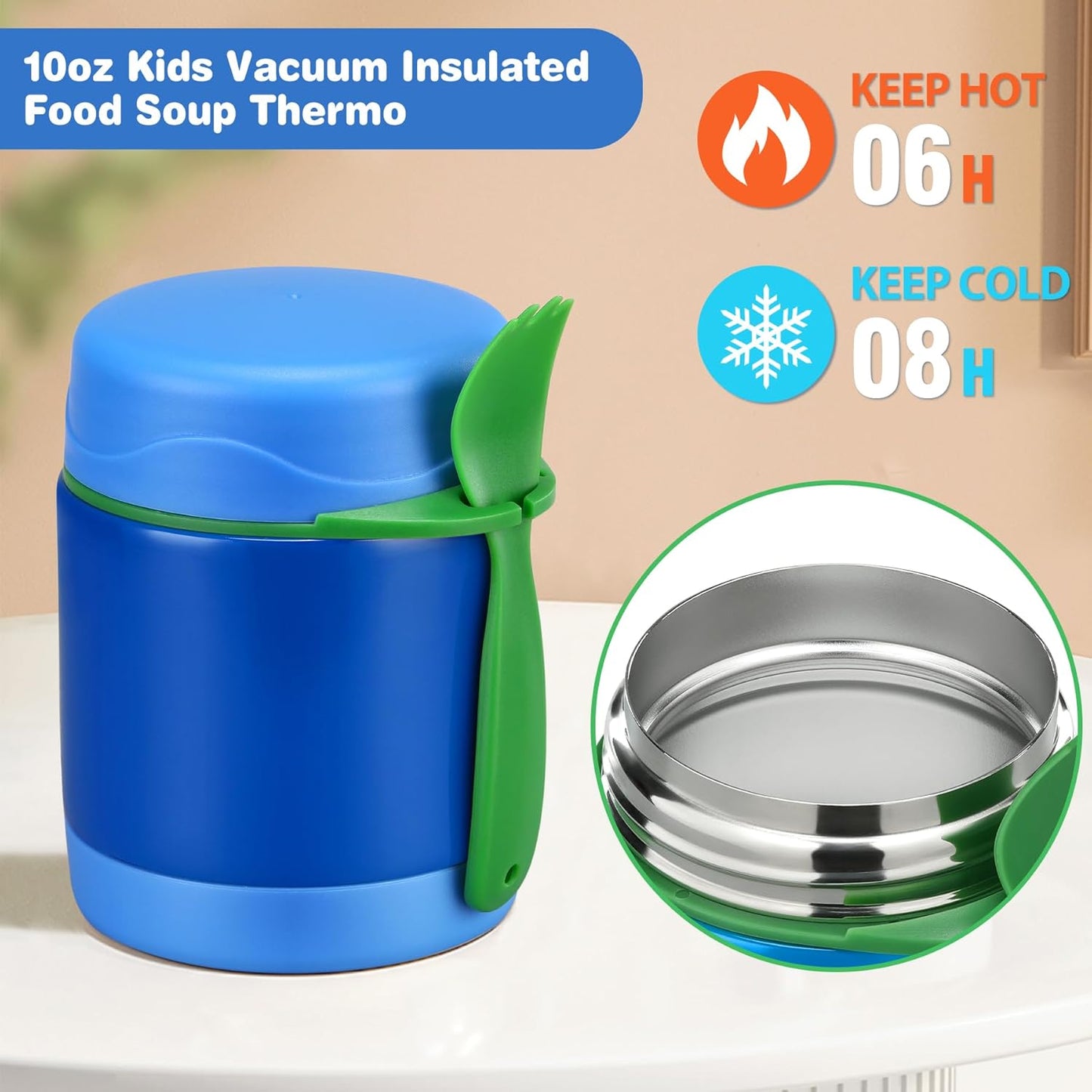10oz Soup Thermo for Hot Food Kids Insulated Food Jar,Thermo Hot Food Lunch Container, Width Mouth Stainless Steel Lunch Box for Kids with Spoon (Blue)