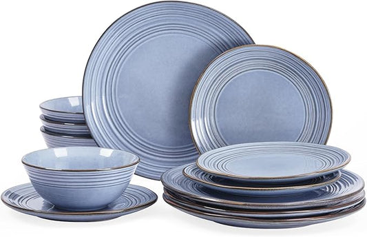 Famiware Plates and Bowls Sets 12-Piece Stoneware Dinnerware Sets, Dishes Set for 4, Hand-made Reactive Glaze Dish Set, Twilight Series, Blue