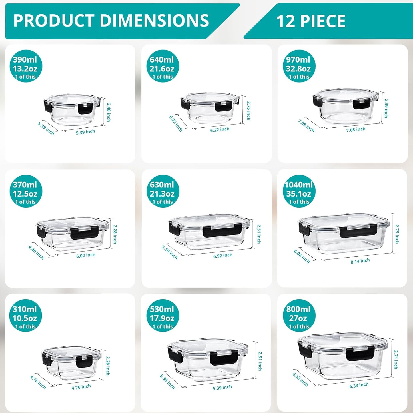Sorbus Glass Meal Prep Containers, Dishwasher and Oven Safe Reusable Meal Prep Containers, Freezer Safe Glass Food Storage Containers with Airtight Lids
