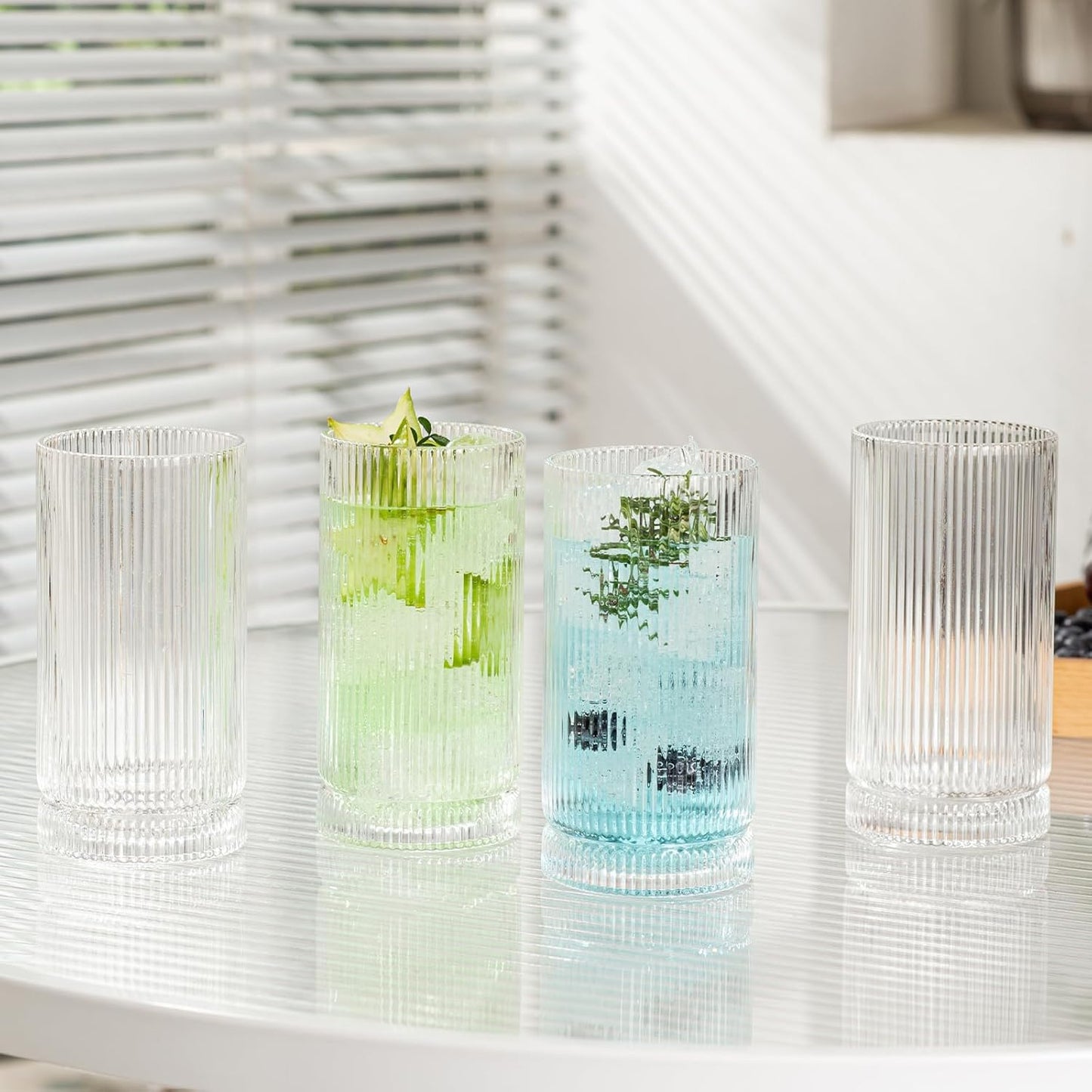 16oz Ribbed Glassware, Vintage Drinking Glasses Set of 4, Cocktail Glass Cups, Elegant Tom Collins Glasses, Highball Ribbed Glasses Ideal for Water, Iced Coffee, Juice, Beer, Milk
