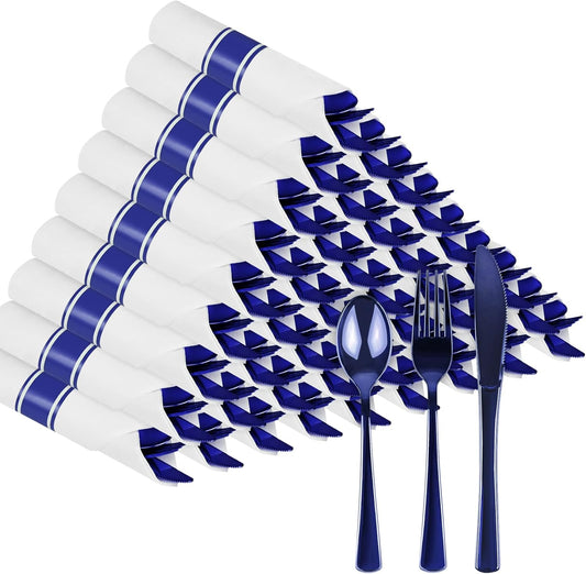 60Pack Blue Pre Rolled Plastic Silverware - Wrapped Blue Disposable Cutlery with Napkins, Heavy Duty Rolled Plastic Silverware Set, Disposable Utensils with Dinner Napkins for Party