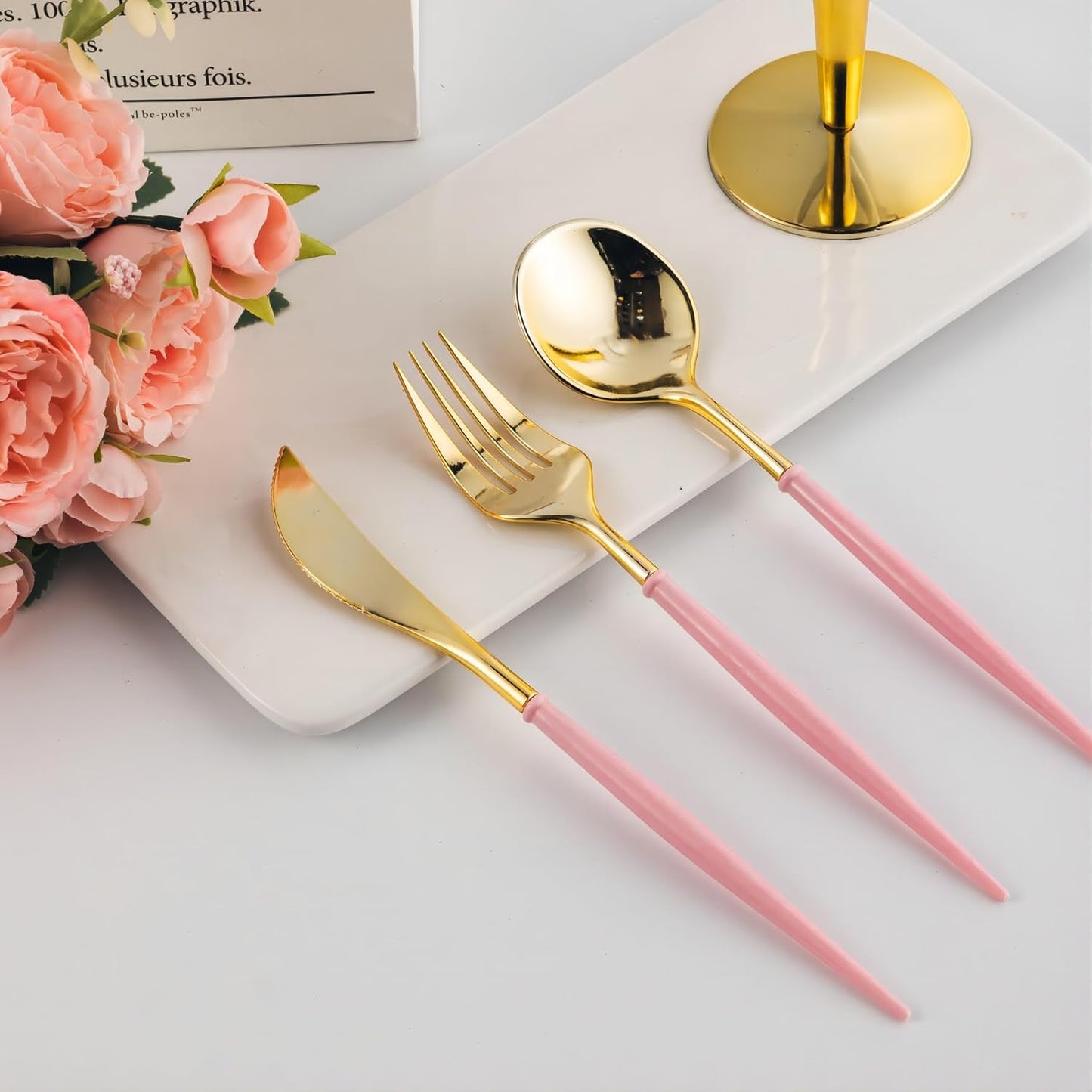 Lullaby 150PCS Gold Plastic Silverware - Disposable Flatware with Pink Handle, Includes 50 Knives, 50 Forks, 50 Spoons, Utensils Plastic disposable for Wedding, Party and Mother's Day