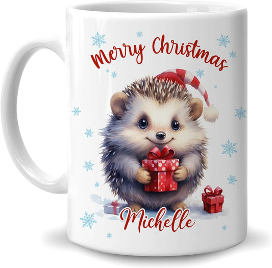 Hyturtle Personalized Gifts Hedgehog Lover - Hedgehog Wearing Santa Hat Custom Name Ceramic Coffee Mug Cup 11oz - Cute Animal Lovers Gifts For Women, Girl kids Family On Birthday, Christmas