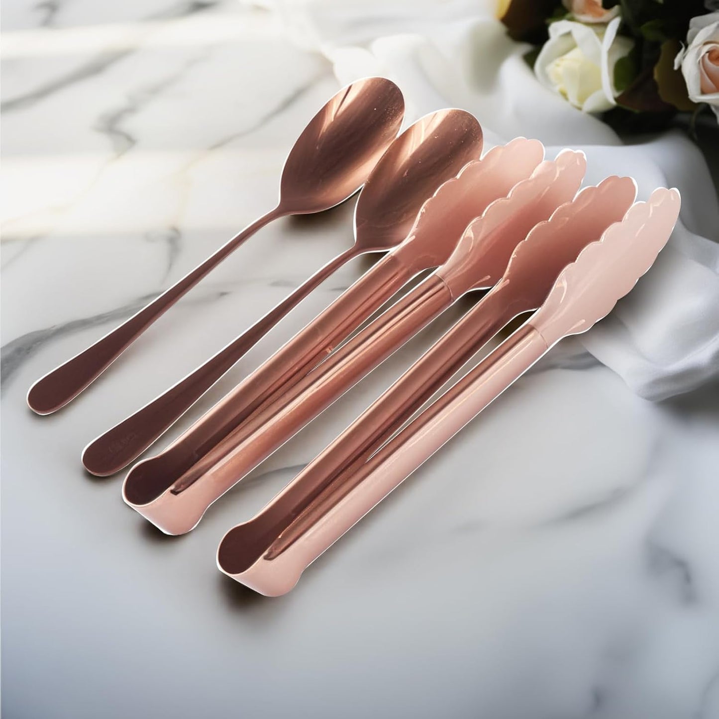 12PCS Stainless Steel Serving Utensils Sets with 8 Large Serving Spoons,4 Serving Tongs,Rose Gold Serving Utensills Sets for Buffet Catering Banquet Party (Rose Gold)