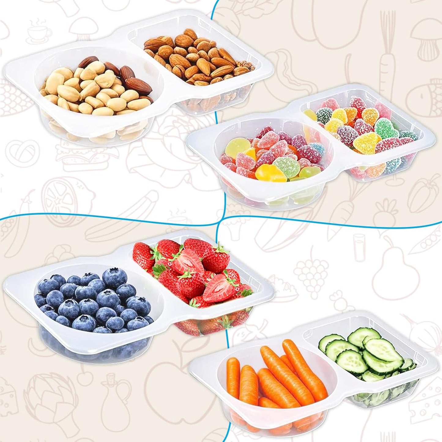 20Pcs Snack Pack Containers, Reusable Snack Containers with Lids for Kids and Adults, 2 Compartment Snack Containers for On-the-Go Meals and Camping, BPA-Free