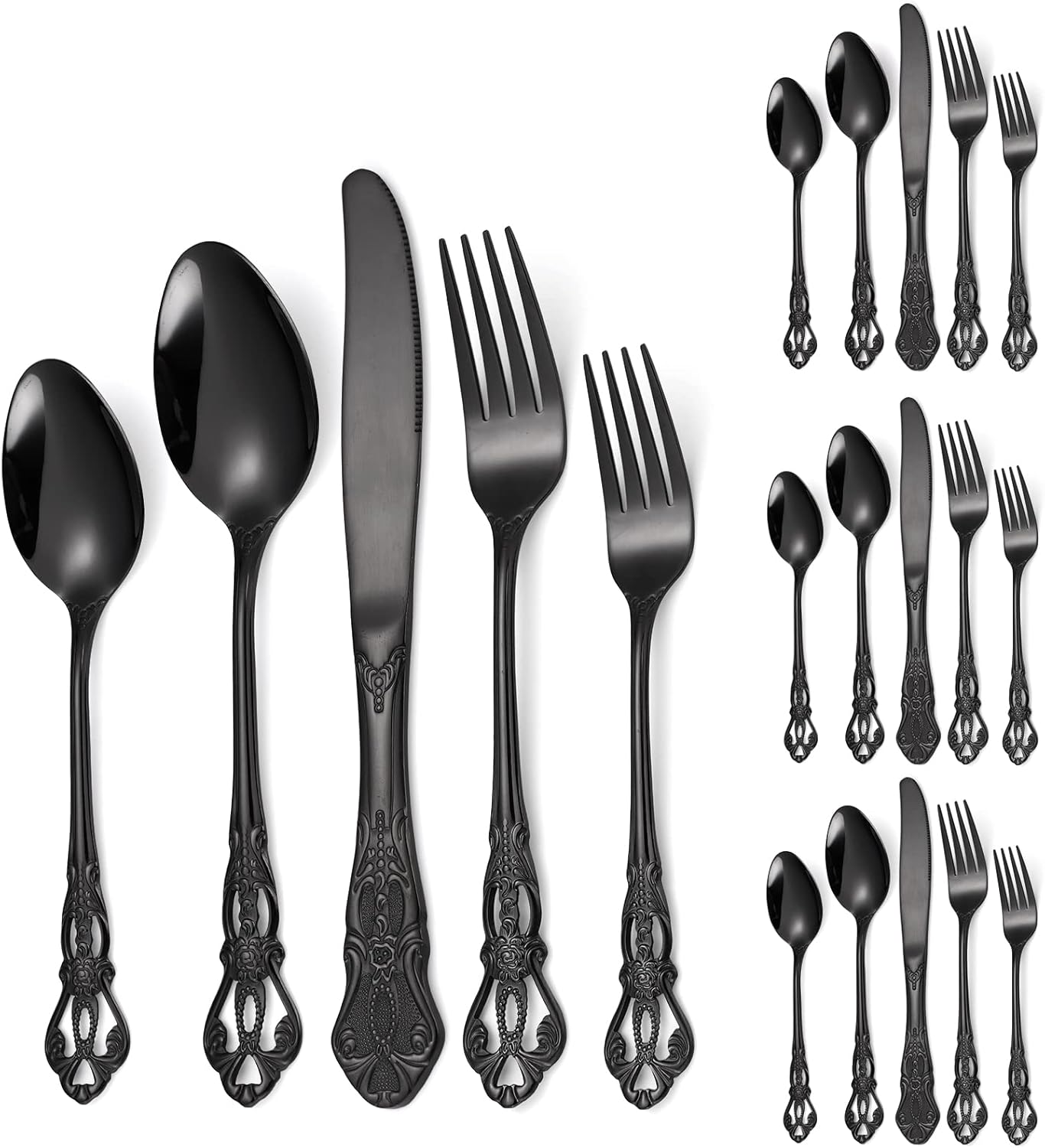Black Silverware Royal Flatware Set for 4 Stainless Steel Cutlery Retro Antique Kitchen Utenisl with Flower Design Handle for Resturant Home Festival Parties