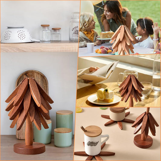 Wooden Trivets for Hot Dishes-Tree Shape Trivet Set, 4 Walnut Wood + 1 Stand stored Like a Christmas Tree,Foldable Kitchen Wooden Trivet,for Hot Dishes Pot Bowl Teapot Hot Pot Holder(Walnut)