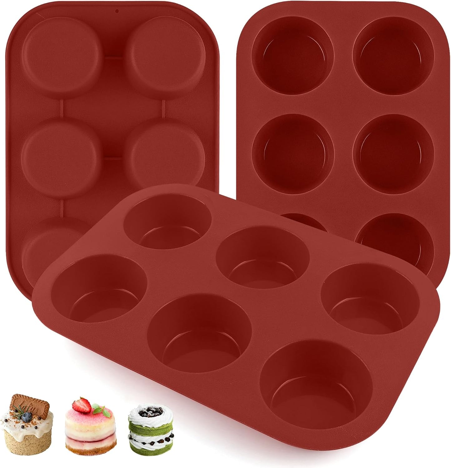 3-Pack 6-Cup Silicone Muffin Pans, Nonstick Cupcake Baking Molds, Muffin Cupcake Pans Molds for Baking, BPA/PFA-Free, Dishwasher & Oven Safe - Brown