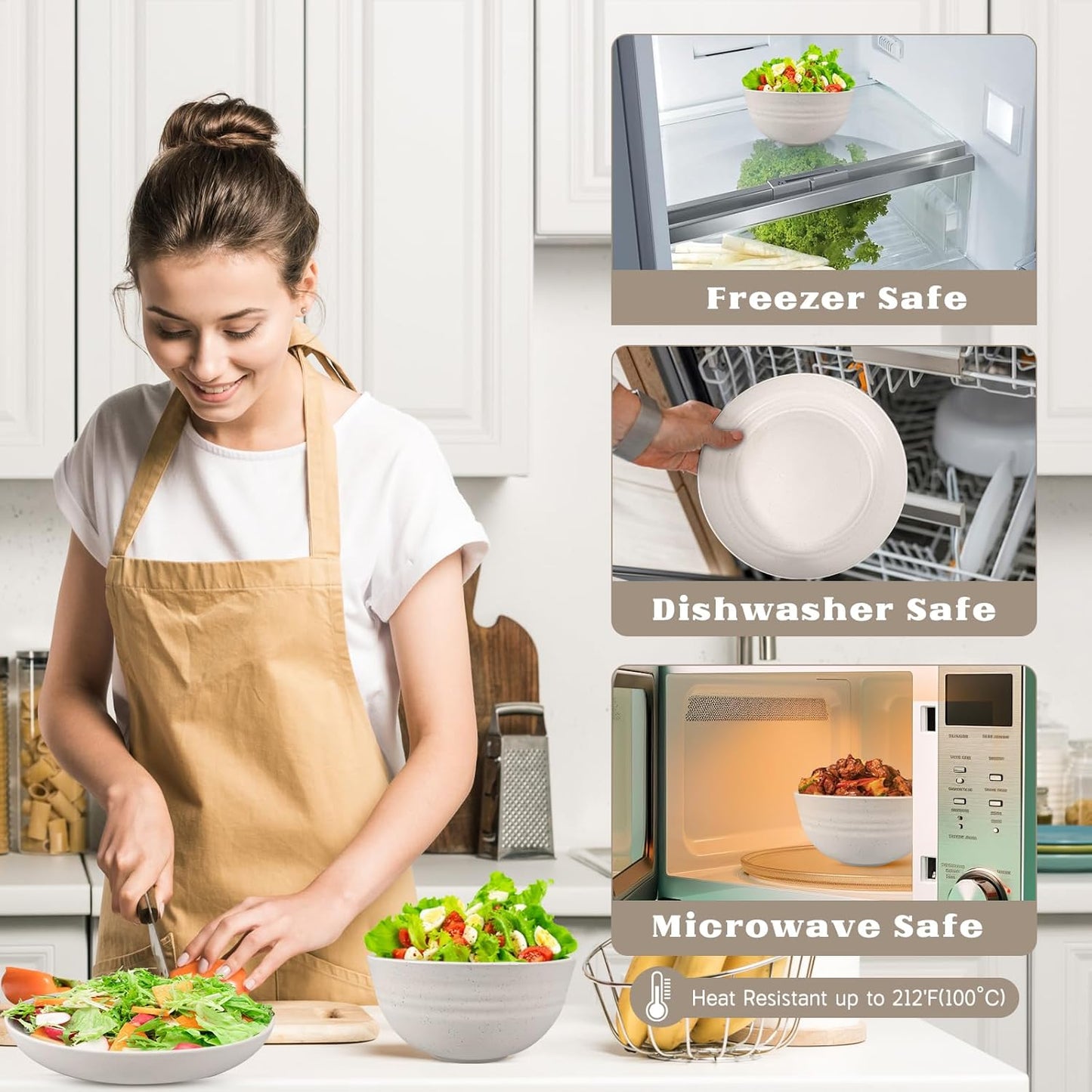 Kitchen Wheat Straw Dinnerware Sets (33pcs) Attached cleaning brush,Service For 8,Plastic Plates and Bowls Sets,Unbreakable Dinnerware,Lightweight Plastic Plate Set (off-white)