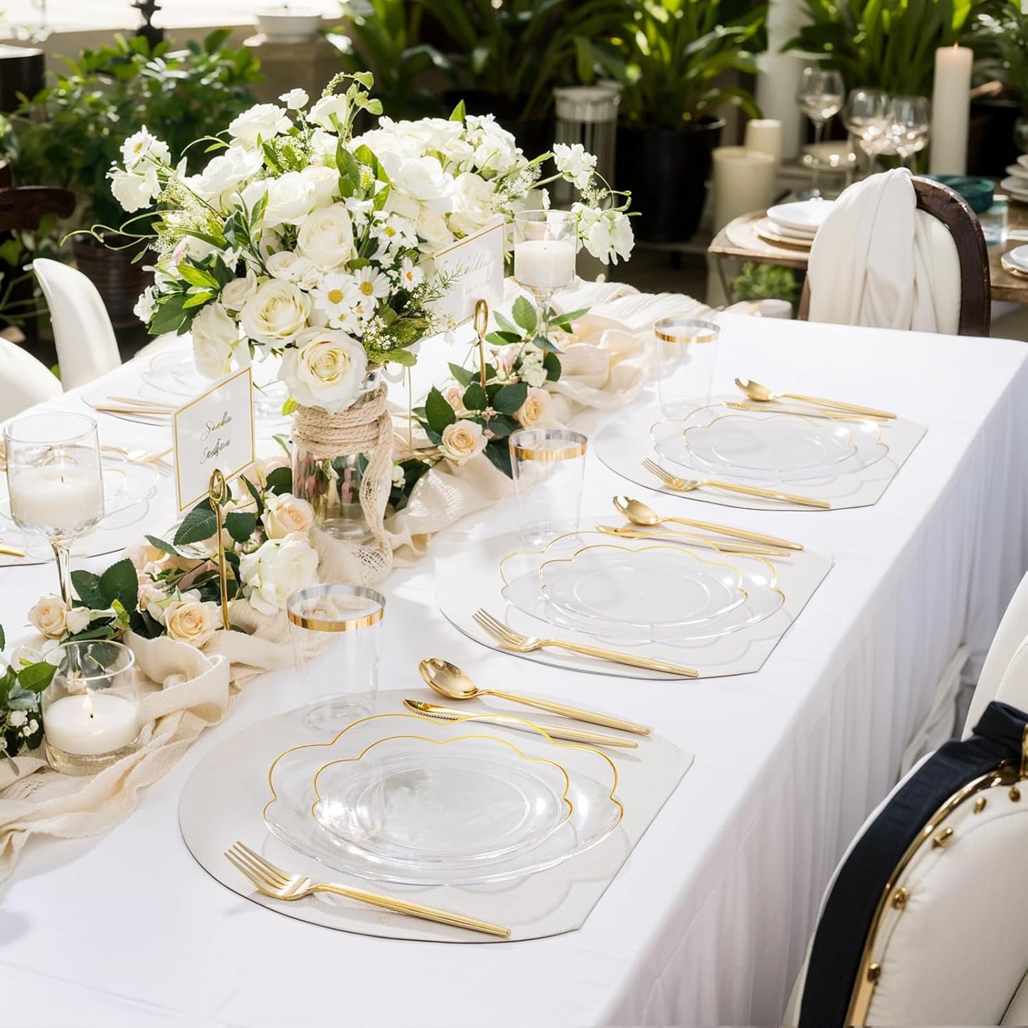 EI 180pcs Clear and Gold Plastic Plates with Gold Plastic Silverware, Plate for Party,Disposable Dinnerware Set,Disposable Plates Heavy Duty Clear Golden Cups for Wedding,Birthday