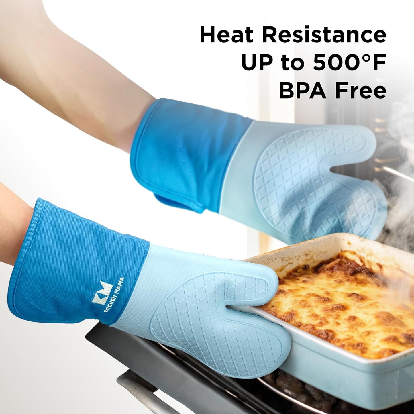 Kitchen Mama UltraShield Silicone Oven Mitts – Heat Resistant, Non-Slip Surface, Durable, Safe, Pot Holders, Flexible Waterproof Glove Set, Perfect for Cooking, Baking, Grilling, BBQ (Blue)
