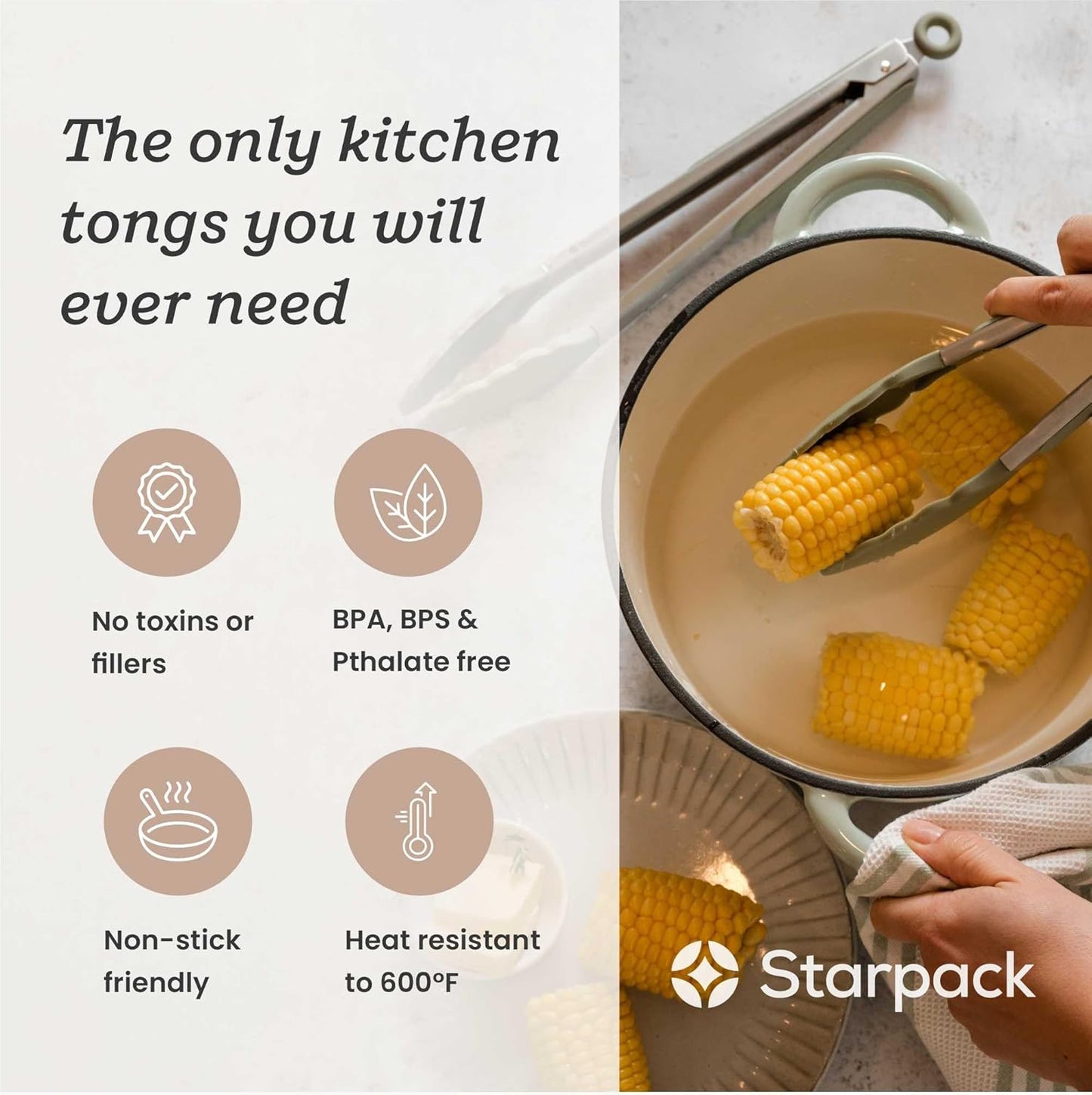 Starpack 'Get a Grip' Silicone Kitchen Tongs for Cooking (2Pcs) - BBQ Tongs for Grill Heat Resistant to 600°F - Stainless Steel Kitchen Utensils w/Non Stick Silicone Tips - 9",12" for Serving Food