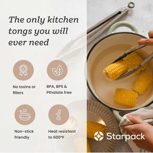 Starpack 'Get a Grip' Silicone Kitchen Tongs for Cooking (2Pcs) - BBQ Tongs for Grill Heat Resistant to 600°F - Stainless Steel Kitchen Utensils w/Non Stick Silicone Tips - 9",12" for Serving Food