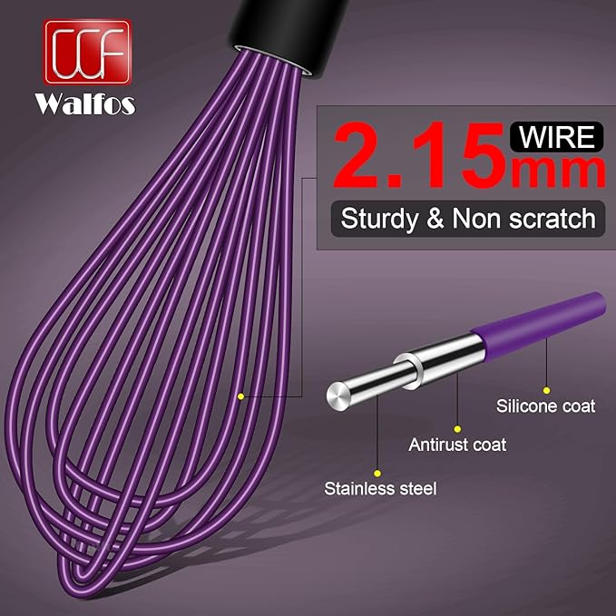 Walfos Whisk, Silicone Whisks Set of 5, Mini Stainless Steel Whisk 7+5in & Non Scratch Coated 7+9+11in Whisks, Suitable for Blending, Whisking, Beating, Frothing & Stirring. (Purple)