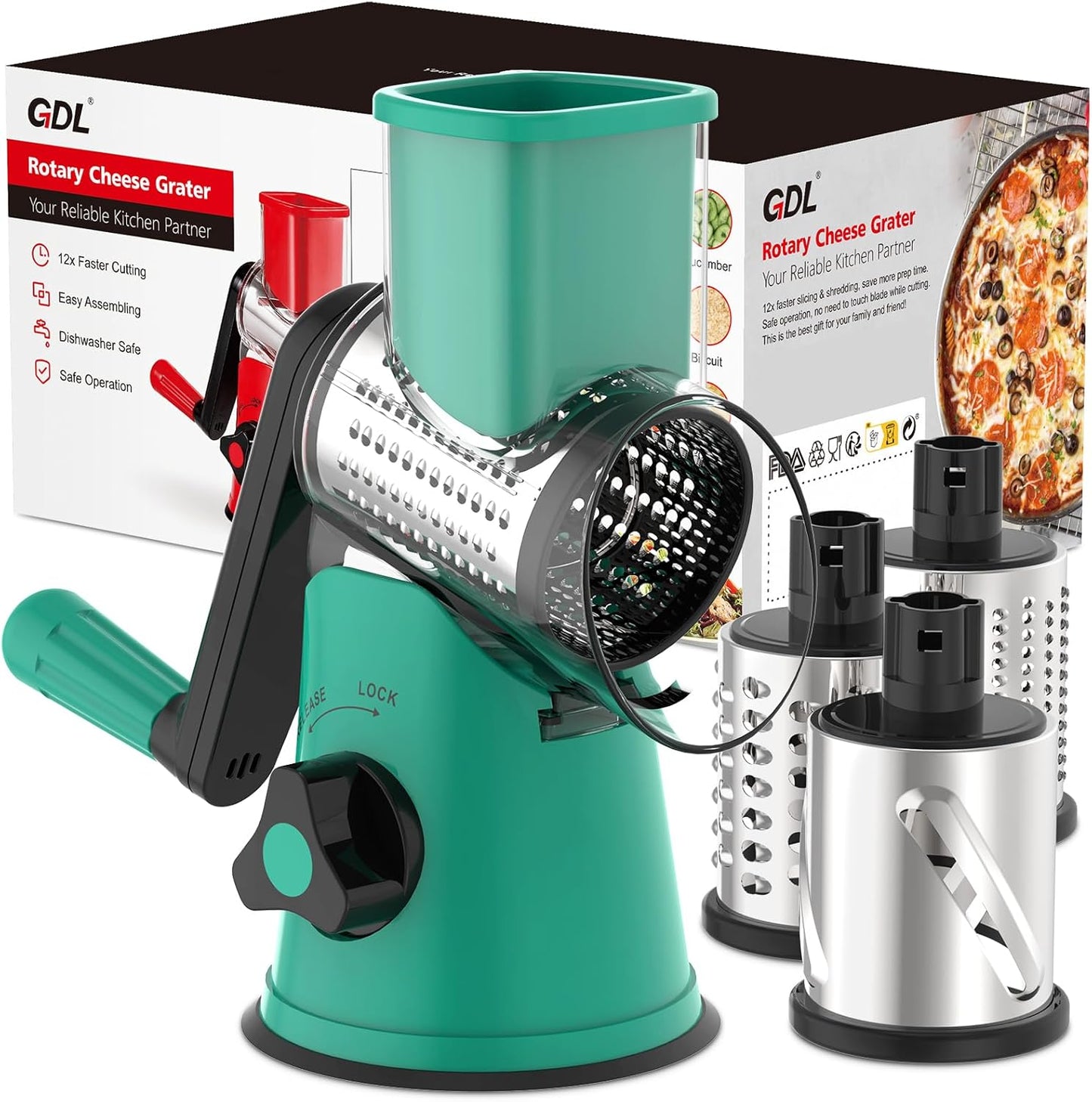 Cheese Grater Rotary, Rotary Grater for Kitchen, Kitchen Grater Vegetable Slicer with 3 Drum Blades, Fast Cutting Cheese Shredder for Vegetables and Nuts