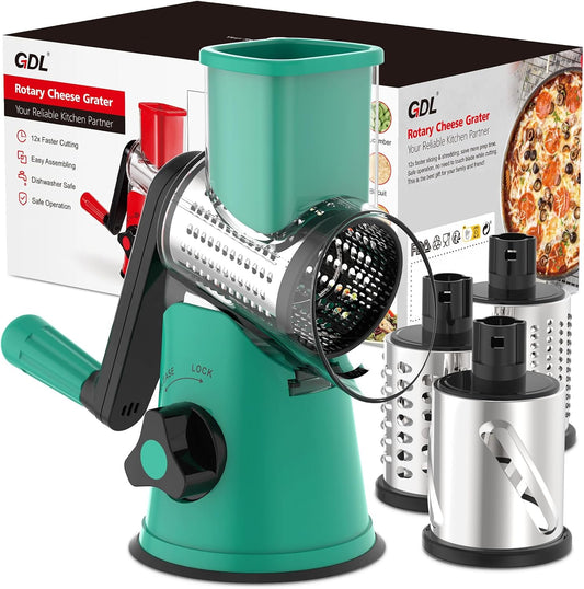 Cheese Grater Rotary, Rotary Grater for Kitchen, Kitchen Grater Vegetable Slicer with 3 Drum Blades, Fast Cutting Cheese Shredder for Vegetables and Nuts