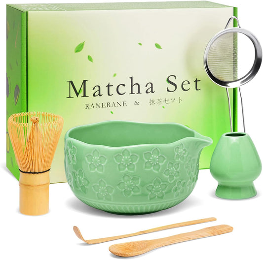 Matcha Whisk Set, Sakura Cyan Ceramic Matcha Set Includes Matcha Bowl, Matcha Whisk (Chasen) and Holder, Sifter, Bamboo Scoop & Spoon - 6 Pcs Matcha Kit for Matcha Lovers