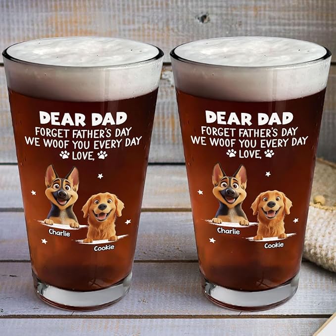 Wrappiness Best Mom Dad Logo Personalized Custom Beer Glass - 16oz Glassware for Beer Soda Cocktails - Gift for Dog Lovers, Father's Day, Birthday Gift for Parents (B08, 3 Dogs)
