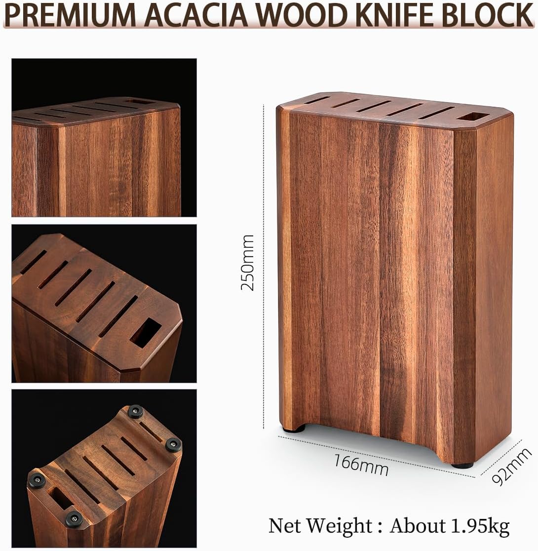 HEZHEN Knife Blocks Kitchen Knife Set, Chef Couteaux Set Kitchen Knives, Japanese Style Santoku Knife, Kitchen Scissors Acacia Wood Knife Block
