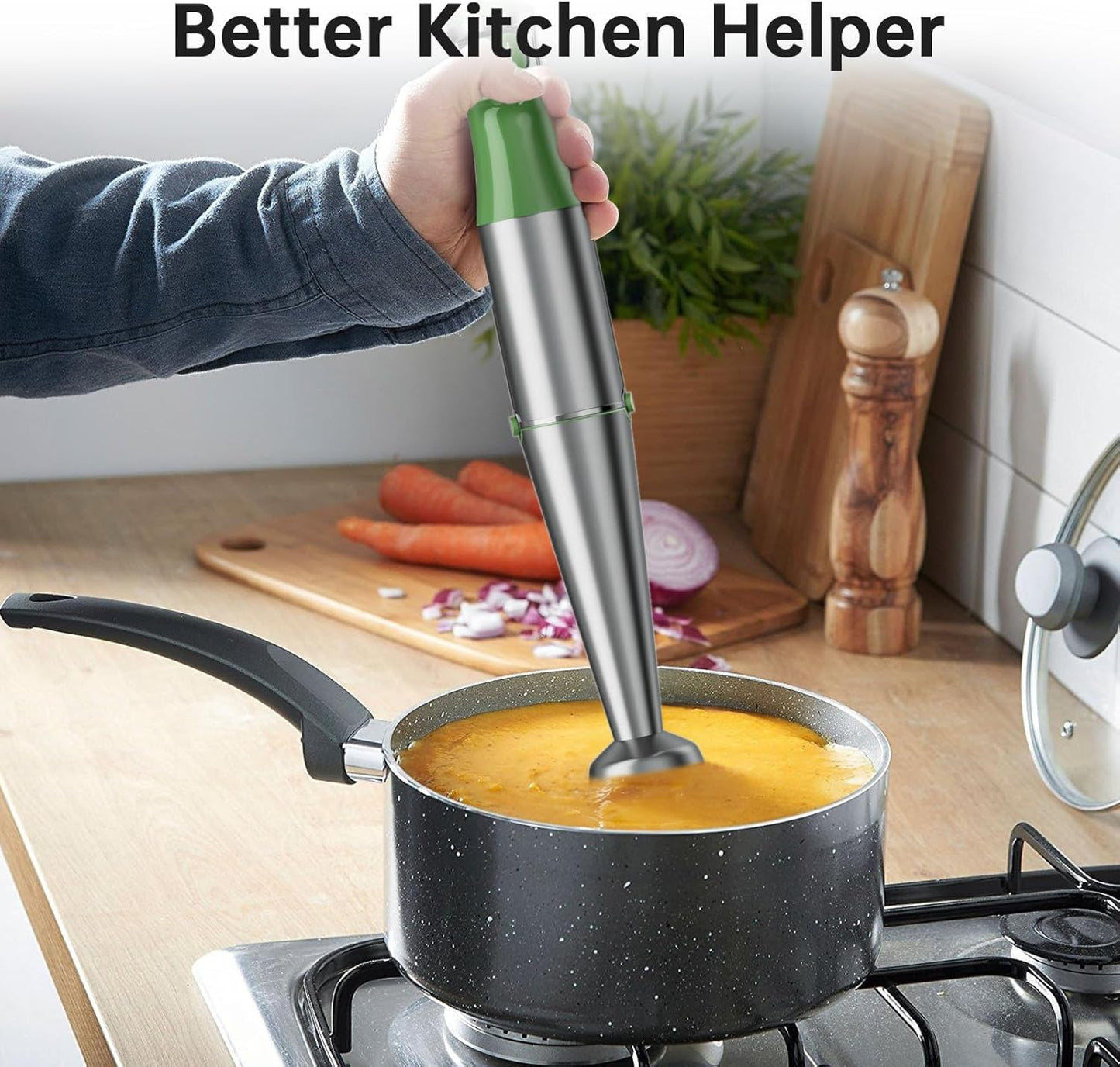 Immersion Blender Handheld Corded Hand Blenders Set 1100W, Trigger Variable Speed 5 in 1 Stick Emulsifier with Chopper, Whisk and Frother for Soup, Baby Food and Smoothies, Green