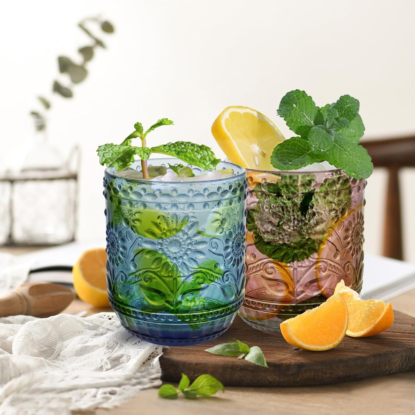 Glass Cups, Vintage Glassware Drinking Glass Set of 6, 12oz Colored Glassware with Sunflower Design, Embossed Floral Decorative Glasses Drinking Set for Cocktail, Wine, Vintage Drinking Glasses