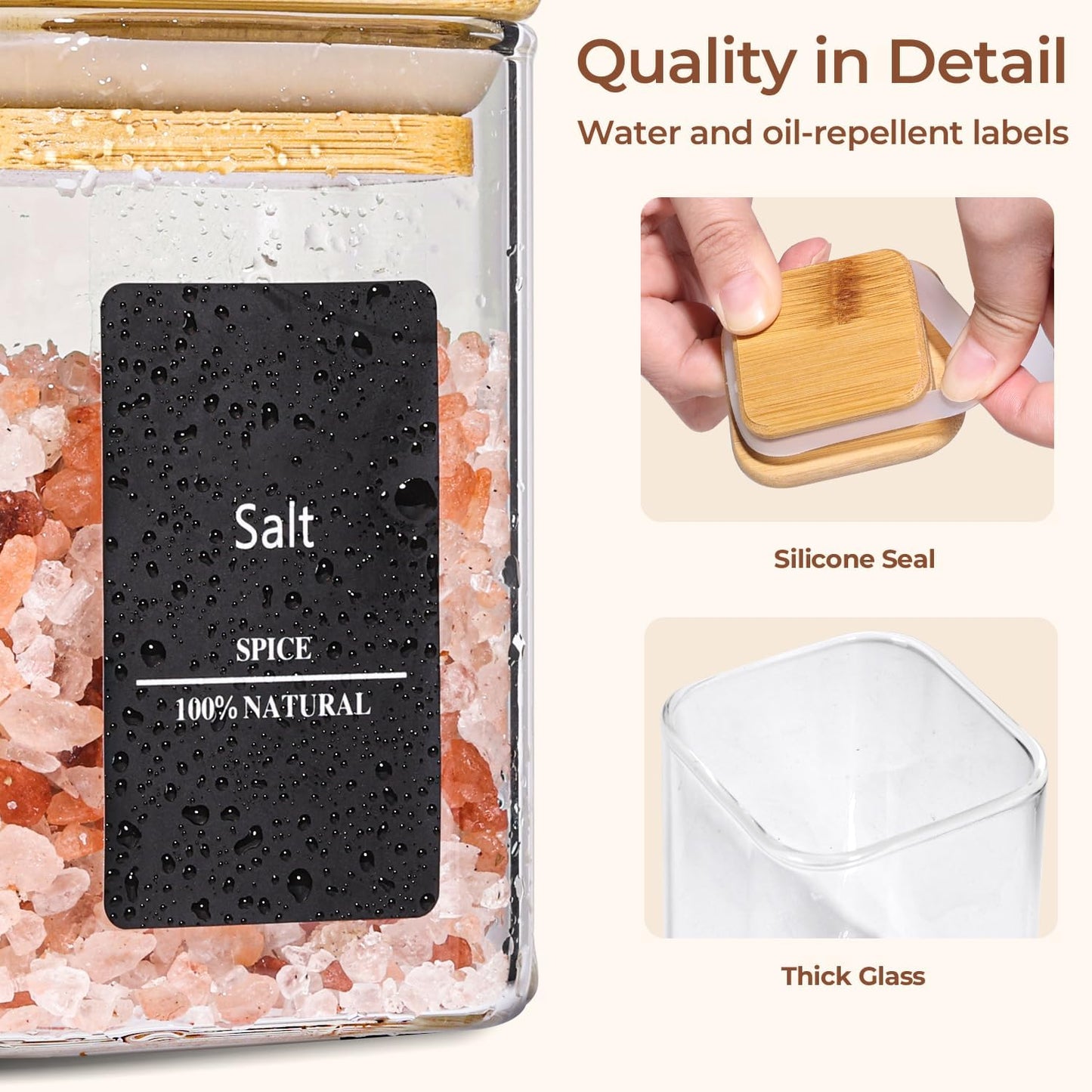 ComSaf 12Pcs Glass Spice Jars with Bamboo Lid, 10oz Airtight Square Containers with 275 Black Lables, Empty Seasoning Jars for Spice Salt Sugar