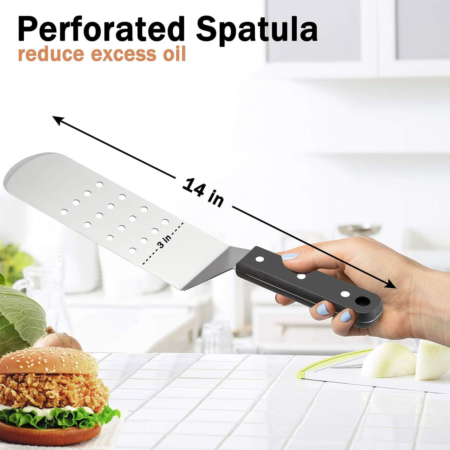 HaSteeL Metal Griddle Spatula, Stainless Steel Long With Riveted Handle, Heavy Duty Perforated & Solid Burger Turner for Teppanyaki BBQ Flat Top Grilling Cooking, Dishwasher Safe